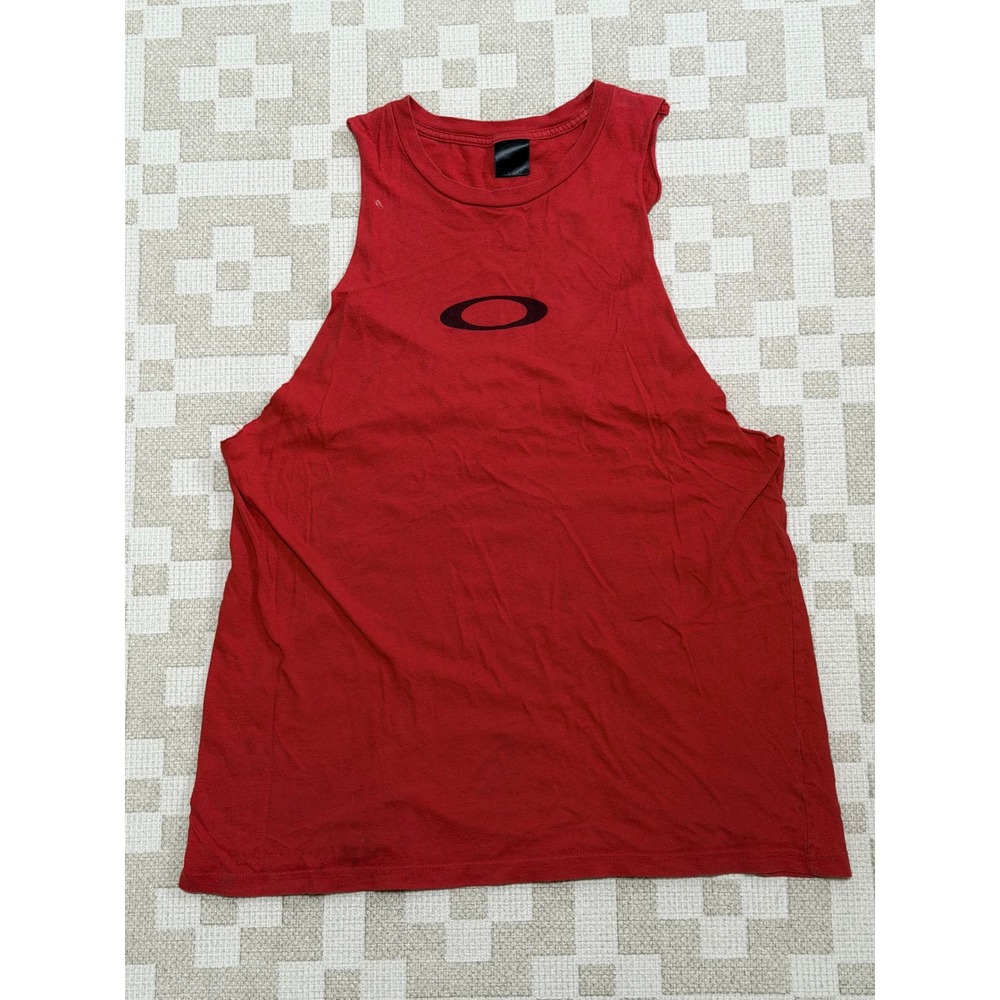 Oakley Mens Cut Off Tank Top Muscle Shirt Red Black Logo Large Regular Fit 90s